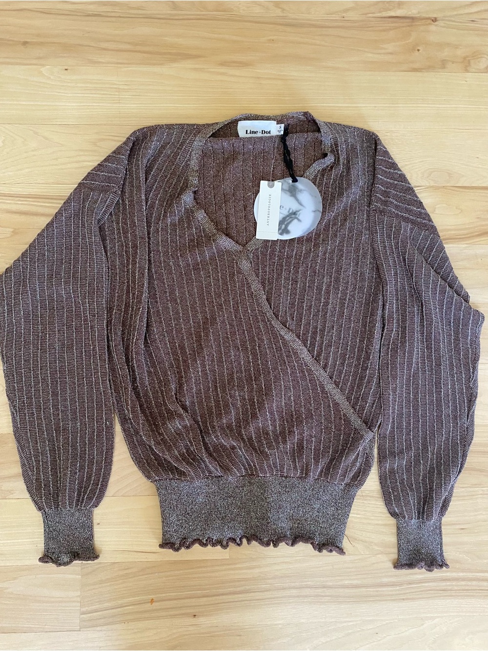 NWT Anthropologie Line & Dot Sweater Metallic Brown Surplice Wrap Sweater Sm